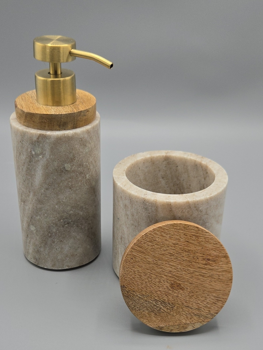 Kassatex Beige Marble and Wood Bath Set with Gold Pump